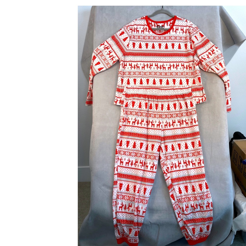 Jammies For Your Families Mens Large Pajama Set Red White Fair Isle Reindeer